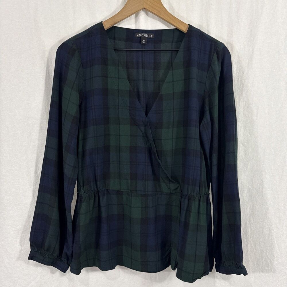 J Crew Mercantile Blackwatch Plaid Festive Faux Wrap Belted Top Womens Sz 10